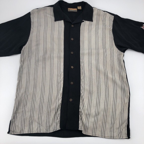 Bobby Chan World Series Poker Silk Button Front Shirt XL Black Ivory Stripe WSOP - Picture 1 of 13